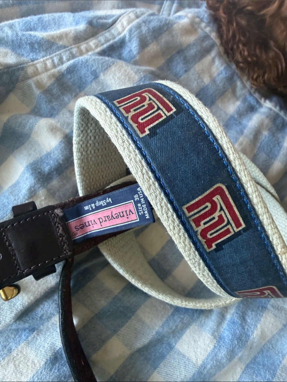 Vineyard Vines Navy and Beige Canvas Belt with Brown Leather Trim. Made in USA.